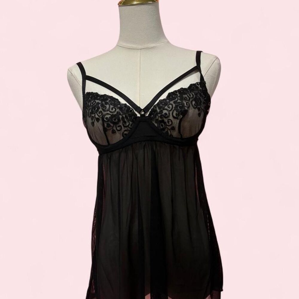 Black Sheer Lace Strappy Babydoll Nightie
